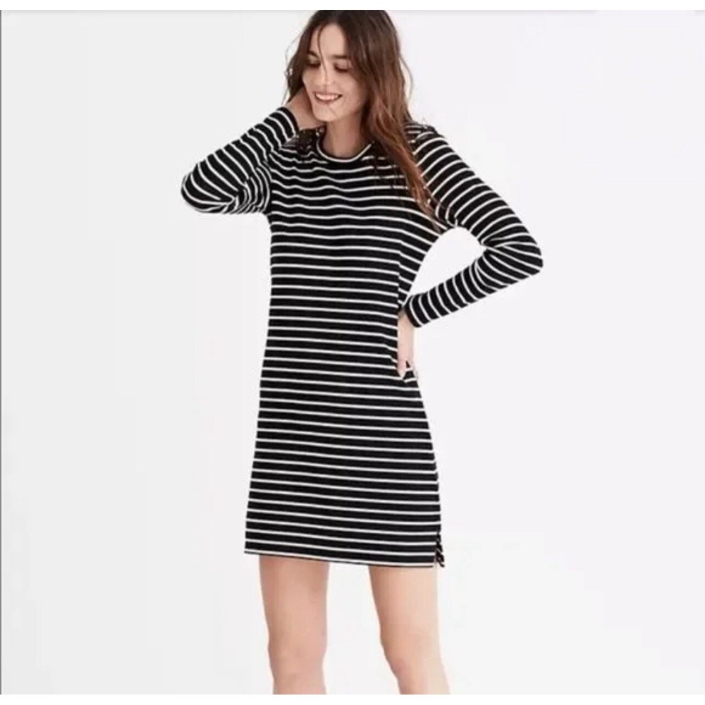Madewell Keyhole Back Long Sleeve Mini Dress Women's Sz‎ XXS Black White Striped